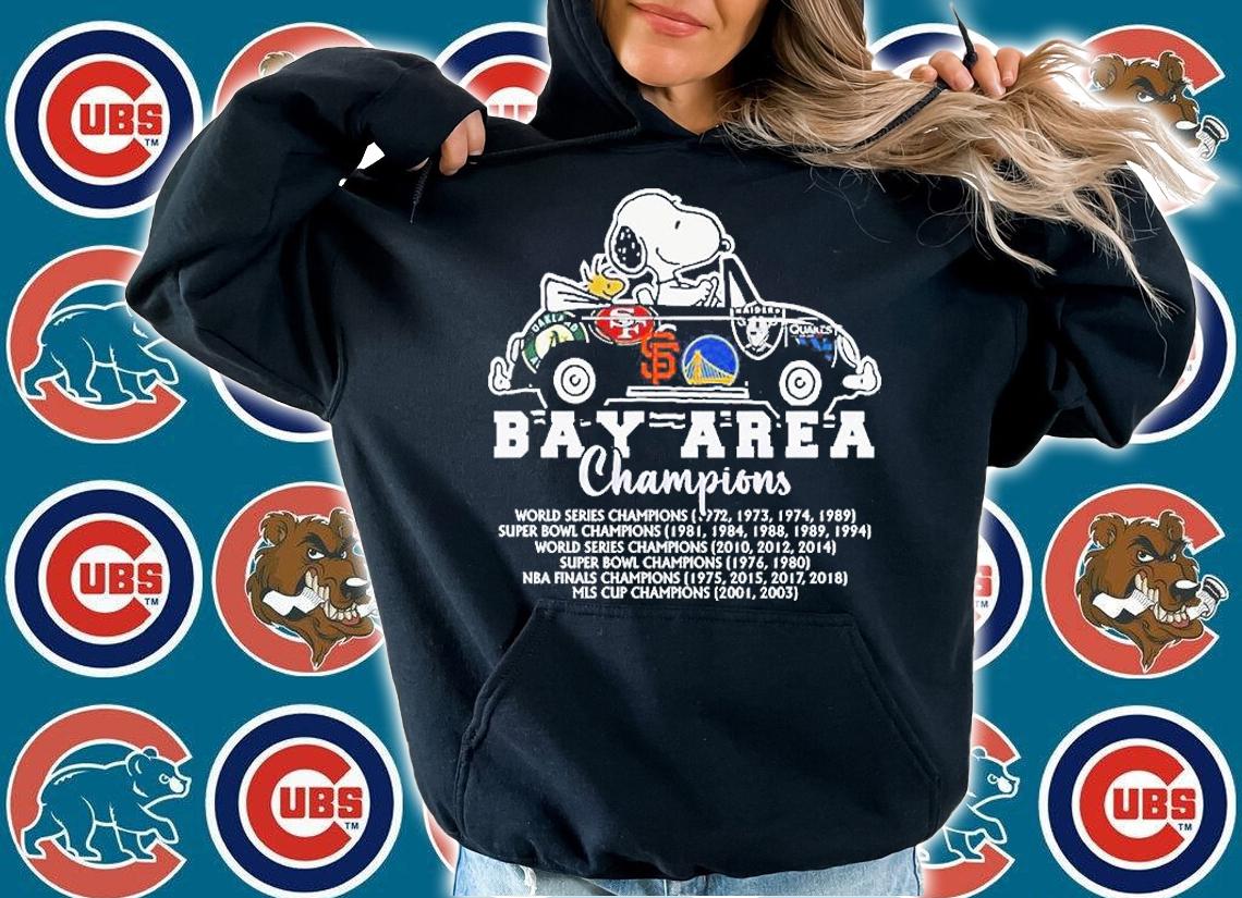 Snoopy And Woodstock Riding Car Bay Area Champions 2022 T-Shirt t-shirt hoodie