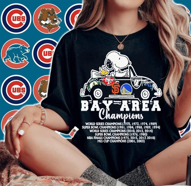 Snoopy And Woodstock Riding Car Bay Area Champions 2022 T-Shirt t-shirt woman shirt