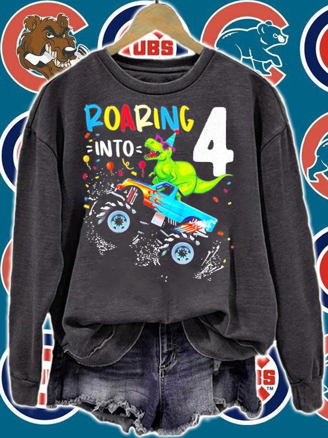 Kids 4th Birthday T Rex Dinosaur Monster Truck Boys and Girls T-Shirt t-shirt