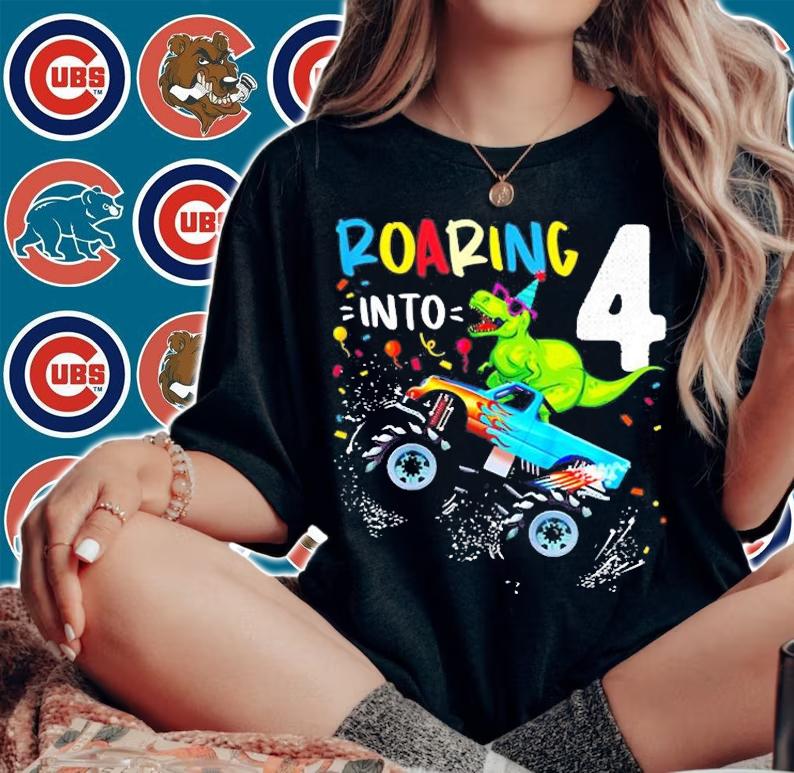 Kids 4th Birthday T Rex Dinosaur Monster Truck Boys and Girls T-Shirt t-shirt
