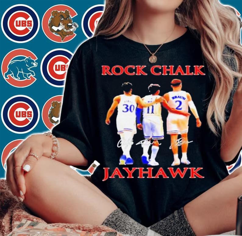 Rock Chalk Kansas Jayhawks Ochai Agbaji Remy Martin And Christian Braun Signatures Shirt woman shirt