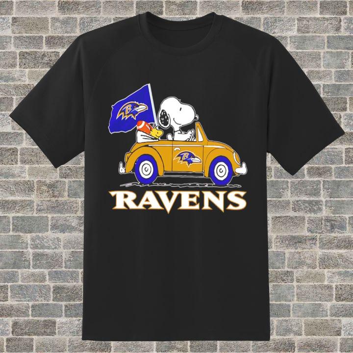 Baltimore Ravens Snoopy & Woodstock Volkswagen Beetle T-Shirt for Fans