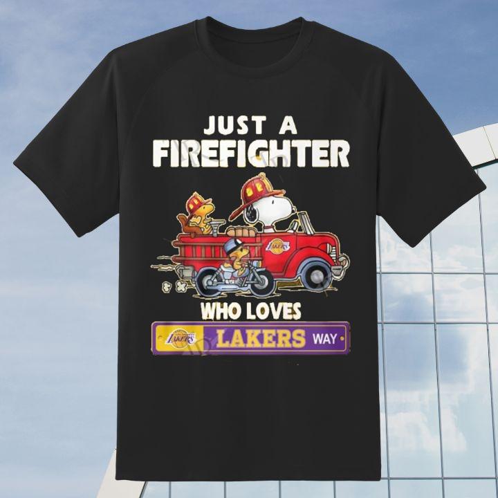 Premium Snoopy Woodstock Just A Firefighter Who Loves Los Angeles Lakers Way Shirt